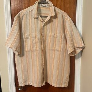 Beige and Orange Striped Short Sleeve Shirt in Lightweight Waffle Material
